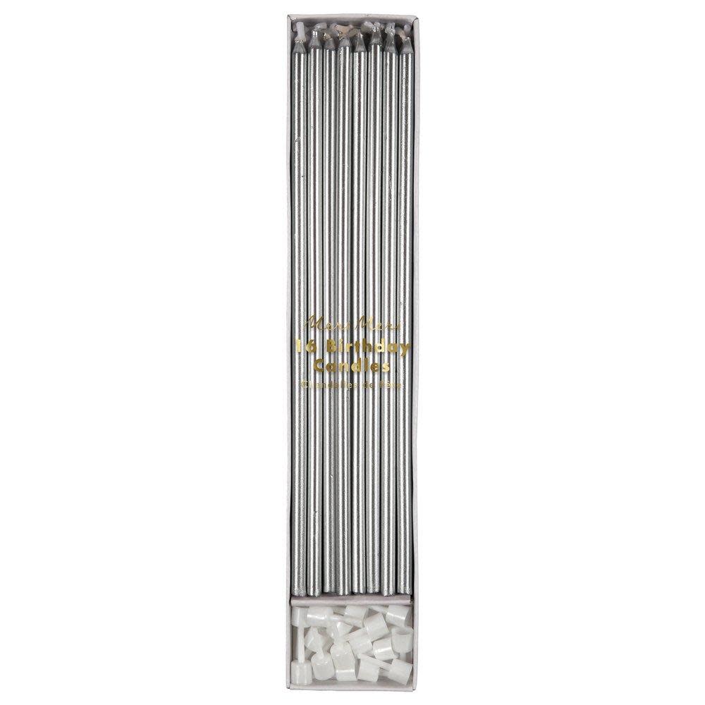 Silver Long Candles, Pack of 16