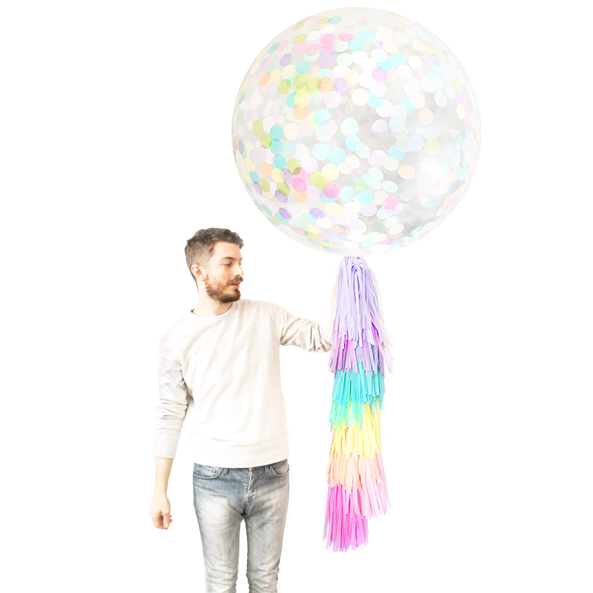 Jumbo Confetti Balloon & Tassel Tail - Pastel Rainbow